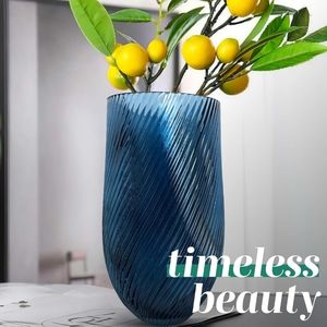 Hand Blown Glass Vase Navy Blue Fluted and Ribbed Design Elegant Large Vase